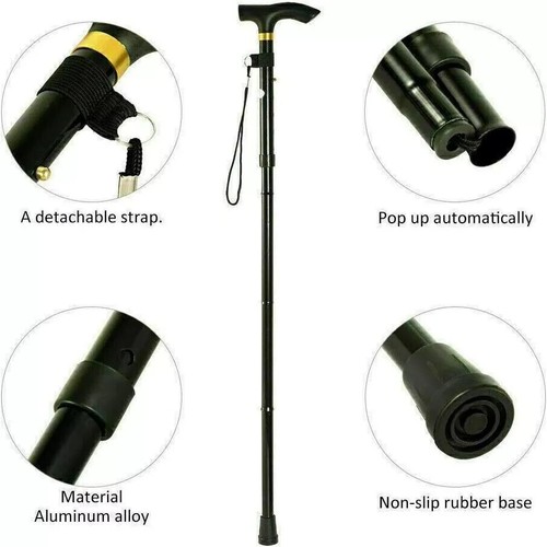 Black Folding Unisex Walking Stick Adjustable Travel Portable Secure Non Slip - Picture 9 of 24