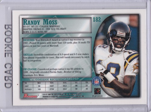 RANDY MOSS 1998 Bowman NFL RC Minnesota Vikings FOOTBALL ROOKIE CARD Patriot #88 - Picture 2 of 2