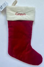 POTTERY BARN CLASSIC VELVET CHRISTMAS STOCKING *CONNOR* RED IVORY NEW SMALL