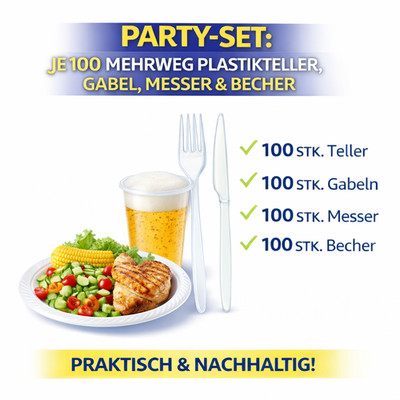 Party SET: Je 100 mehrweg Plastikteller,Gabel,Messer,Becher