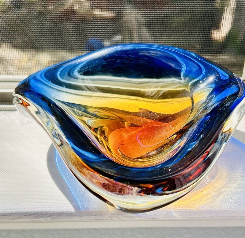 Beautiful 1950s  Murano Blue Gold Amber Art Glass Bowl Dish