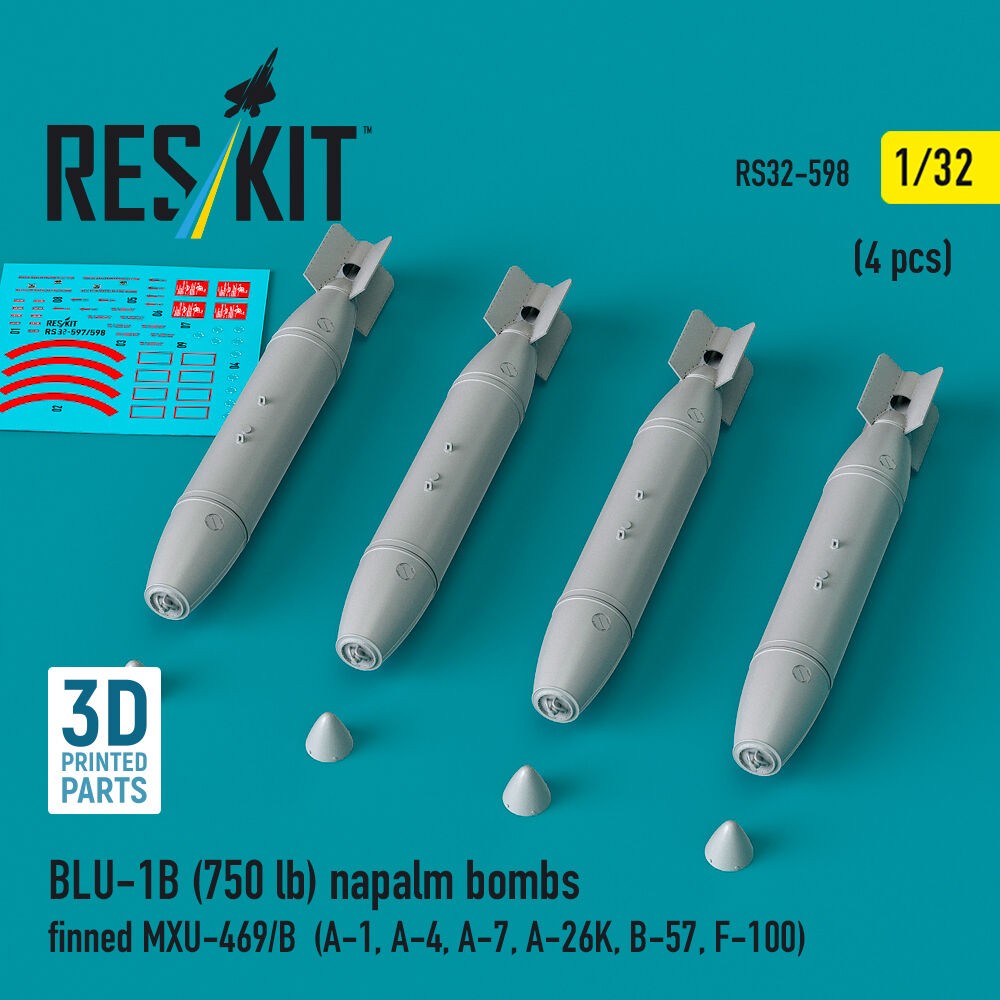 ResKit RS32-0598 1:32 BLU-1B Napalm Bombs MXU-469/B (4 Pcs) Resin Kit
