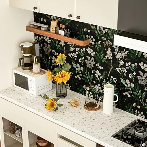 Papel Pintado Floral Oscuro Pelar y Pegar - Diseño Hoja Verde Vintage, Sel Impermeable Foto 3 de 4