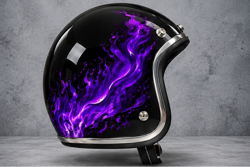 Slimhead 500TX Black Helmet with Purple Flame Custom Art, Retro Cafe ...