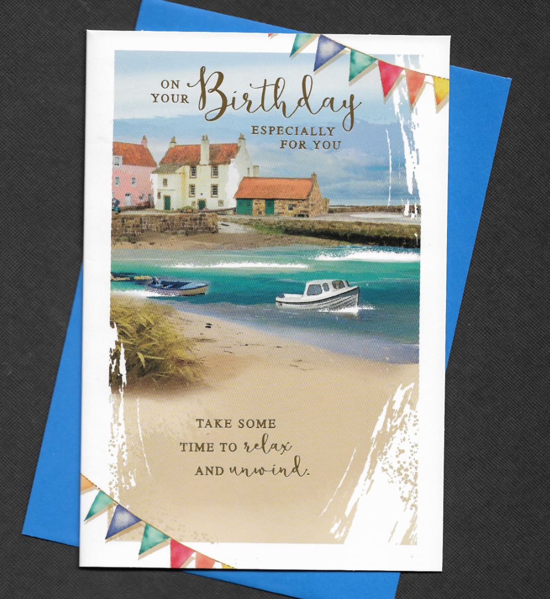 Male Birthday Card Man Men Beach Scene Boats Scenery  Open Greeting 19x13cm
