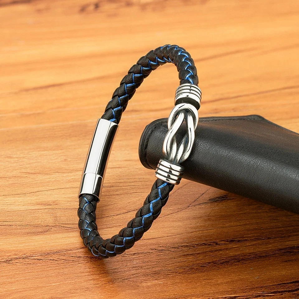 Pulsera trenzada de cuero negro para hombre de acero inoxidable en capas con cordón cadena joyería Foto 4 de 4