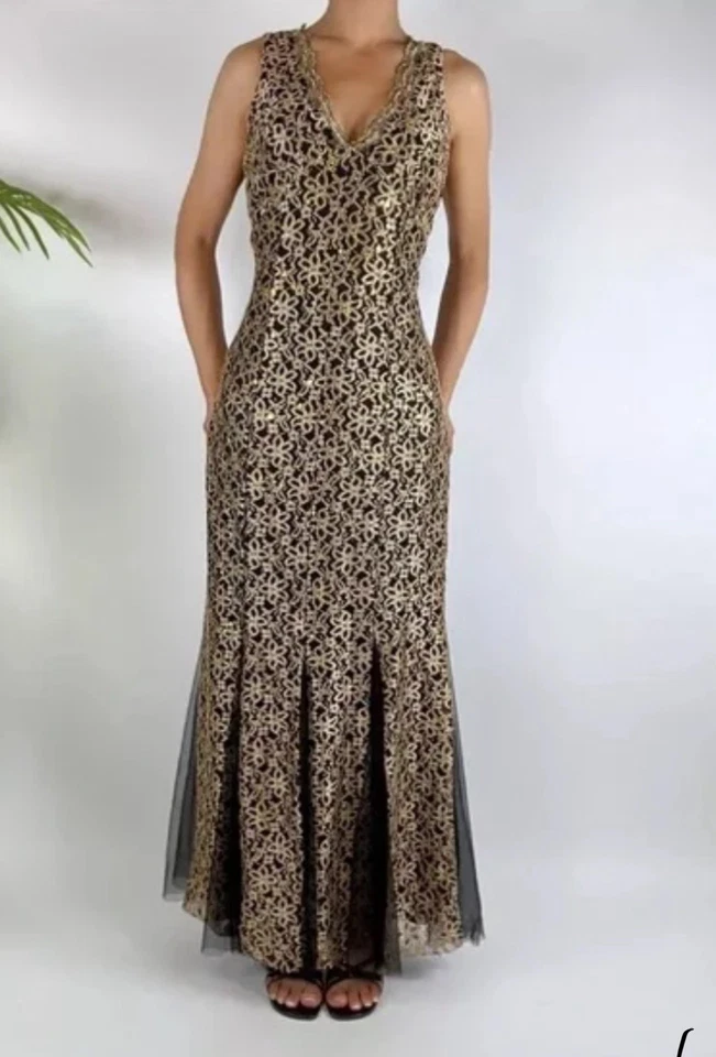 Vestido de noche caprichoso plisado floral dorado vintage de graduación / Talla: 2XL  Foto 3 de 4