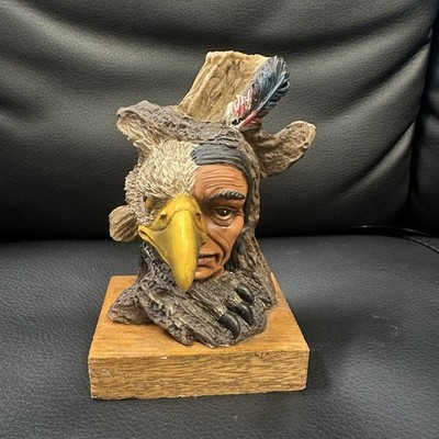 Native American And Half Bald Eagle Sculpture Statue Wood Base