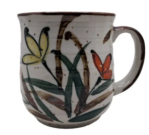 Vintage Otagiri Style Stoneware Coffee Mug Cup Speckled Orange Yellow  Flowers