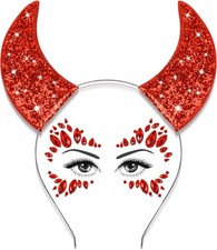 Devil Horns Headband with Face Jewels Set, Glitter Red Devil Horns and Face Gems