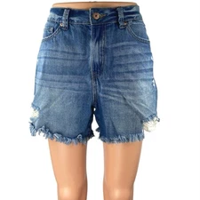 Rewash Womens Blue Distressed Frayed Raw Hem High Waisted Denim Jeans Shorts 28