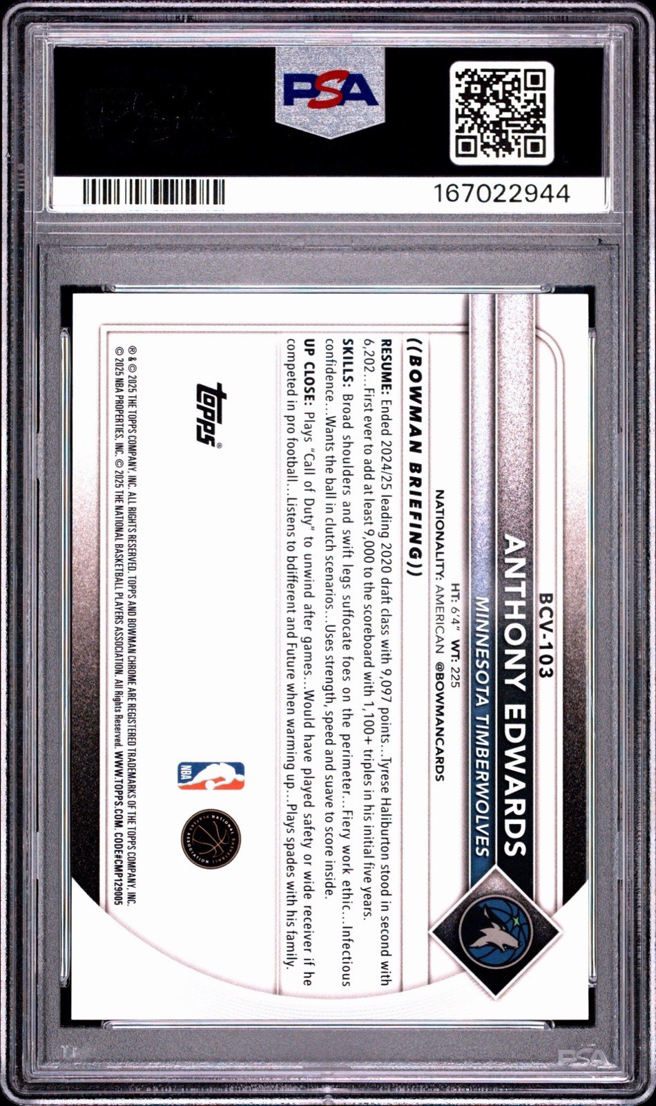 2025-26 Bowman Chrome Anthony Edwards True Rose Gold Refractor /15 PSA 10 POP 1 view 2