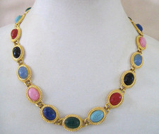 Vintage Paquette Scarab Choker Necklace ~  Lucite  Carved Cabochons Gold-tone
