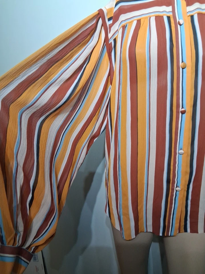 Женская разноцветная шелковая блузка в полоску с длинным рукавом в рамке размер L - Изображение 3 из 4