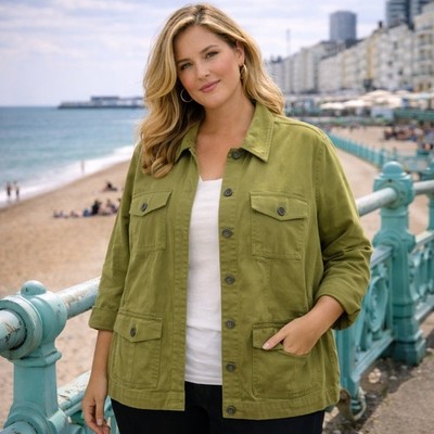 Jones New York Sport Cotton Utility Jacket UK 18-20 Green Shacket Button Front