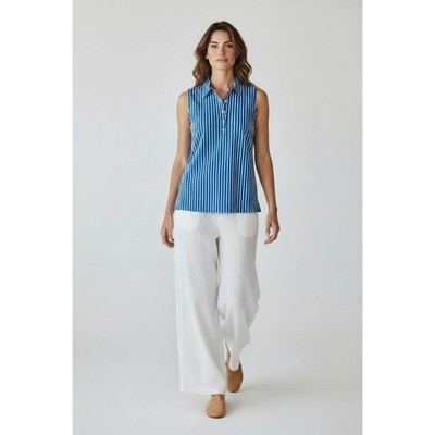 Lauren Ralph Lauren Striped Sleeveless Top Women L Blue White Cotton Preppy Chic