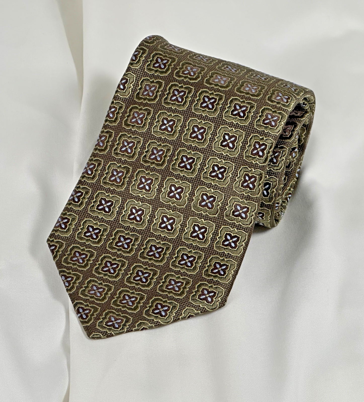 John W Nordstrom Silk Tie Mens Geometric Floral Green Brown Blue Made in USA
