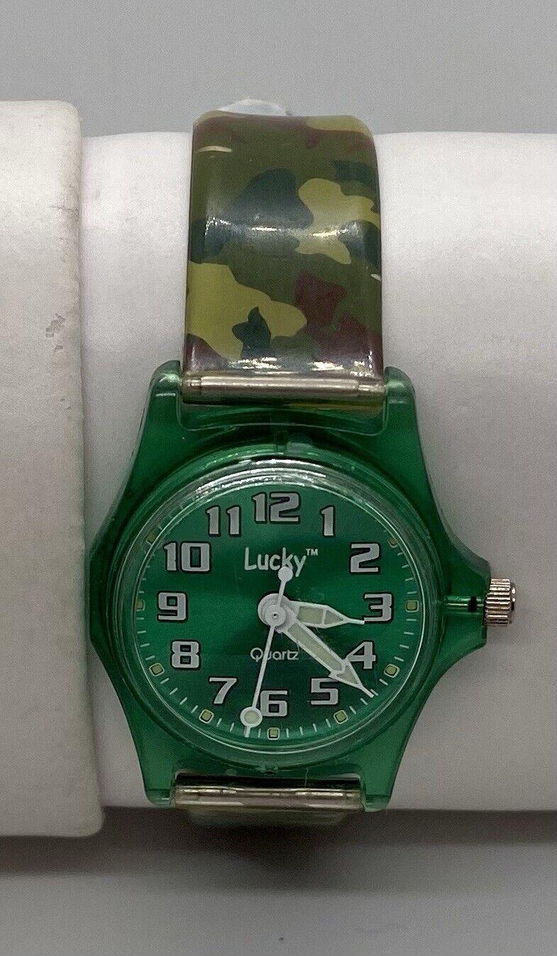 LUCKY Brand Ladies/Kids Watch New Battery Green Camouflage Skeleton Clear Case