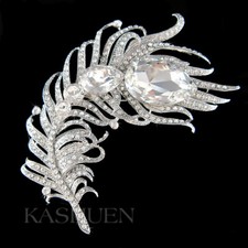 Pfauenfeder mit Swarovski Kristall Schärpe Hochzeit Kleid Anstecknadel Brosche