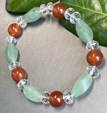 Genuine Semi-Precious Bead Green Chalcedony Rock Crystal Carnelian Strc Bracelet