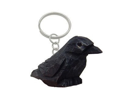 Raven Crow Black Bird Keychain Ring Hook Clip Charm Miniature Wood Mini Figurine