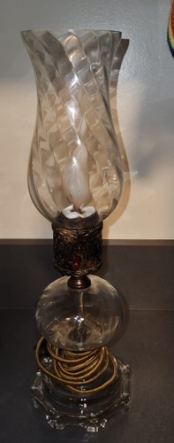 Antique Glass & Brass Hurricane Lamp 13.75" Electrified With Vintage Cord, Plug - Picture 14 of 20
