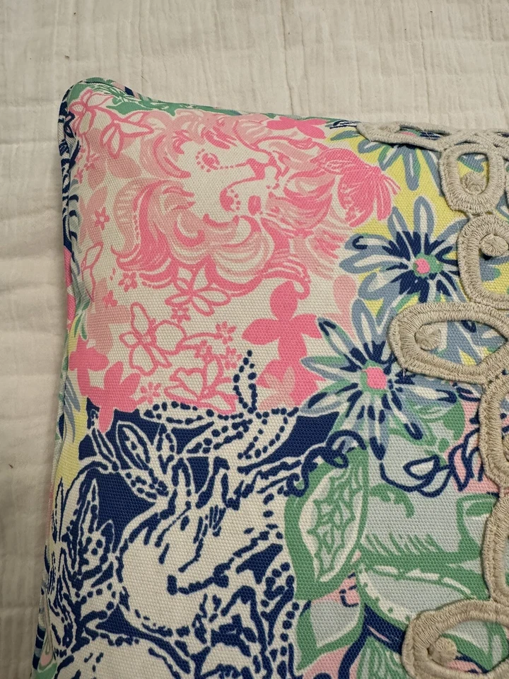 Lilly Pulitzer Indoor Outdoor Pillow Pink Blue Green Lace Striped Back 18” (B) - Image 2 of 4
