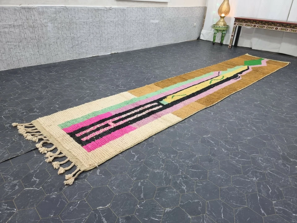 Alfombra Marroquí Boujaad Hecha a Mano 2'7"x13'4" Beréber Abstracto Marrón Amarillo Lana Alfombra Foto 4 de 4