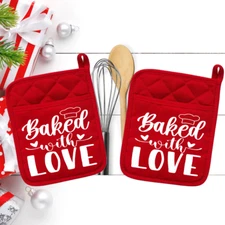 Baked With Love #1 (2) Pocket Pot Holder Kitchen Oven Mitt Bake Trivet 25reddbl