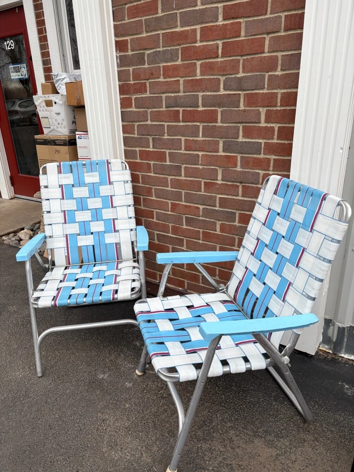 Juego de 2 sillas de césped vintage de aluminio con palmeadas azules y blancas con marcos plegables F Foto 2 de 4
