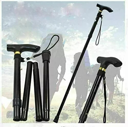 Black Folding Unisex Walking Stick Adjustable Travel Portable Secure Non Slip - Picture 10 of 24