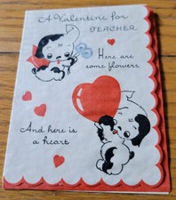 Puppies With Flowers  Hearts on Small Old Die-Cut Folded Teacher's Valentine