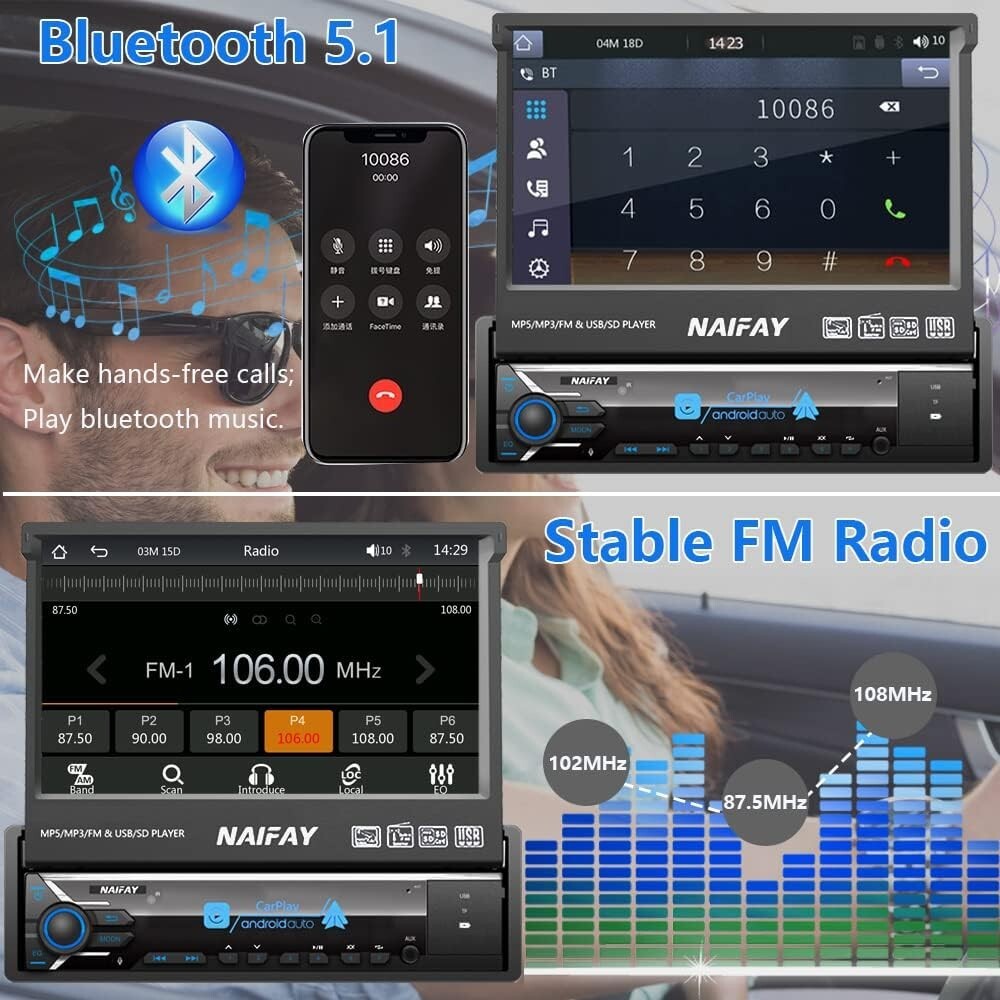 Naifay Single Din Touchscreen Car Stereo with Carplay & Android