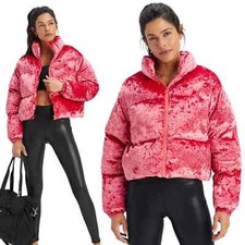 Fabletics Womens Wander Crushed Velvet Velour Cropped Puffer Jacket Coat Size M