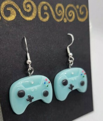 Light Blue Game Controller Charm Earrings With Stainless Steel Hooks