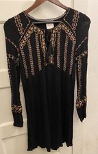 Knox Rose Womens Black Dress XS Long Sleeve Embroidered Tassel Tie Crinkle Boho