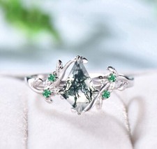 Natural Moss Agate Ring Leaf Ring Sterling Silver Nature Ring Gift for Her