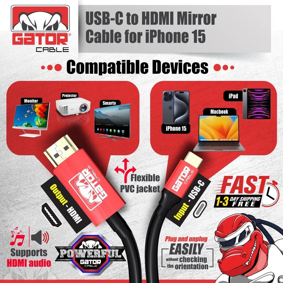 USB-C to HDMI Mirror Cable Adapter 4K HDR HDTV For iPhone 15 16 Pro Max Plus - Image 3 of 4