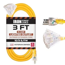 Lighted Outdoor Extension Cord with 3 Electrical Power Outlets - 25 50 75 100ft