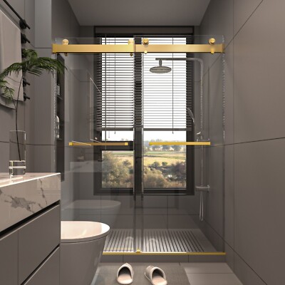 56-60''W x 76''H Sliding Frameless Shower Door in Brushed Gold  3/8'' Clear Glass