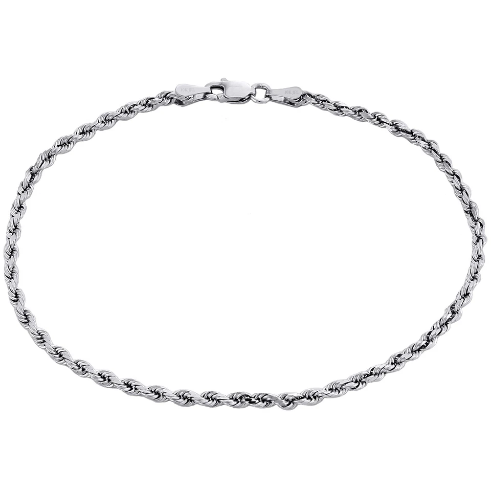 Pulseira brilhante de ouro branco 10K unissex 2,50 mm corte diamante corda sólida 8 polegadas