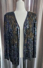 Jewel Queen Vintage Womens Jacket Iridescent Large Black Sequin Beaded  Silk