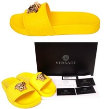 37 NEW 450 VERSACE Woman's Yellow Pool Slides GOLD MEDUSA Logo Palazzo SANDALS