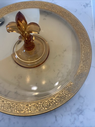 Vintage Amber & Gold Fostoria Glass Etched Fleur de Lis Sandwich Tray, No Chips - Picture 10 of 10
