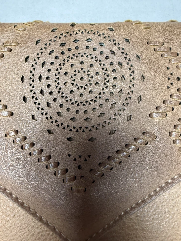 Anthropologie Tassel Envelope Clutch Bag Brown Leather Boho Perforated Stitched - Image 2 of 4