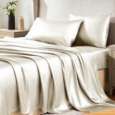 Satin Sheets Queen Size Bed Set - 4 Piece Silky Queen Sheet Set, Luxury Beige...