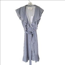 Striped Ruffle Wrap Midi Dress - Navy and White