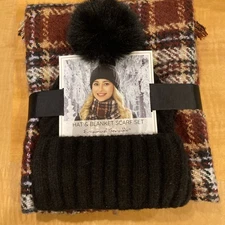 Emanuel Geraldo Hat & Blanket Scarf Set Maroon Tan Multi Color Plaid Winter New