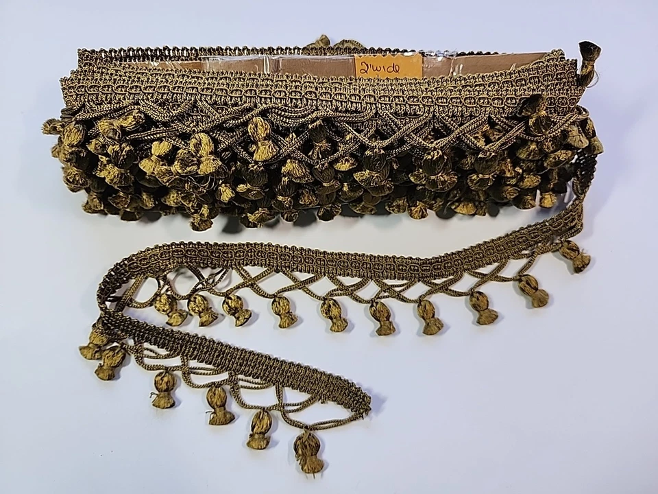 Borla satinada verde oliva de colección de hermosa calidad borde de flecos 2" X 10 yardas  Foto 2 de 4