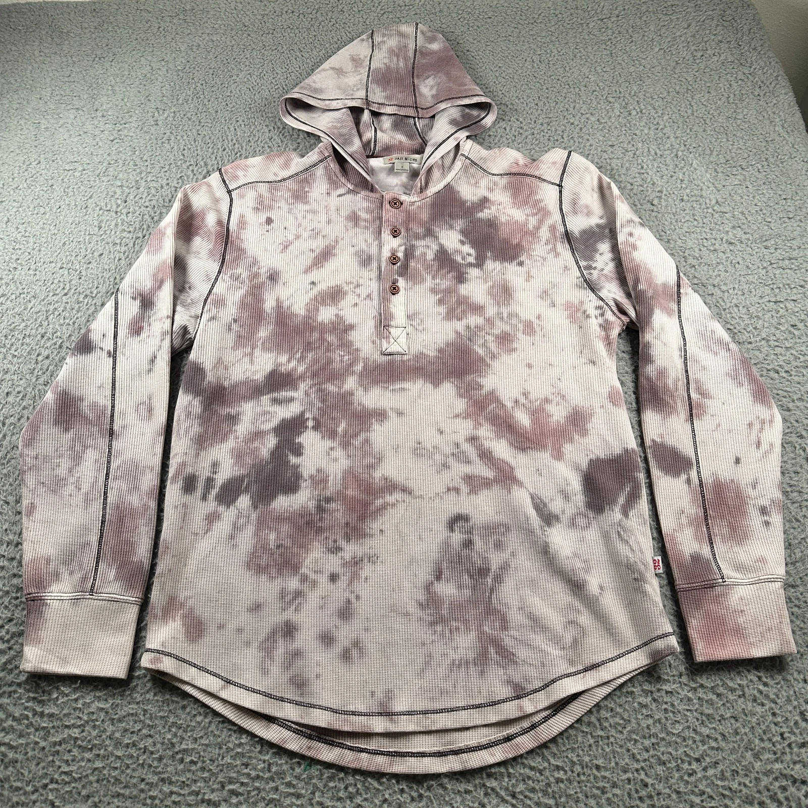 32 Bar Blues Hoodie Sweatshirt Henley Mens Medium Tie Dye Thermal Waffle Knit